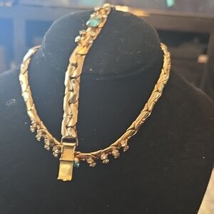 Elegant Goldtone and Blue Necklace With Matching Bracelet